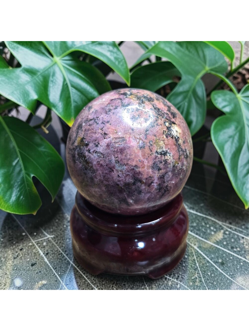 A086. Rhodonite 40mm Natural Crystal Sphere Orb